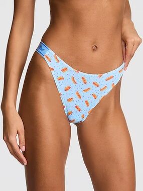 PINK Victoria's Secret Cotton High-Leg Thong Panty in Blue Dancer Hot Dog Print